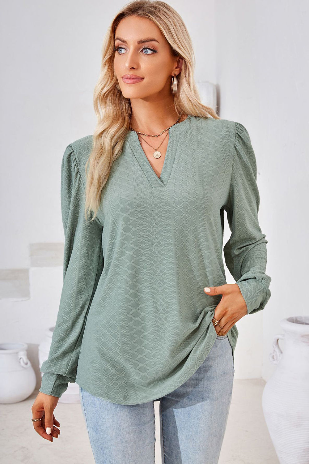 Notched Long Sleeve T-Shirt-Angel Casuals