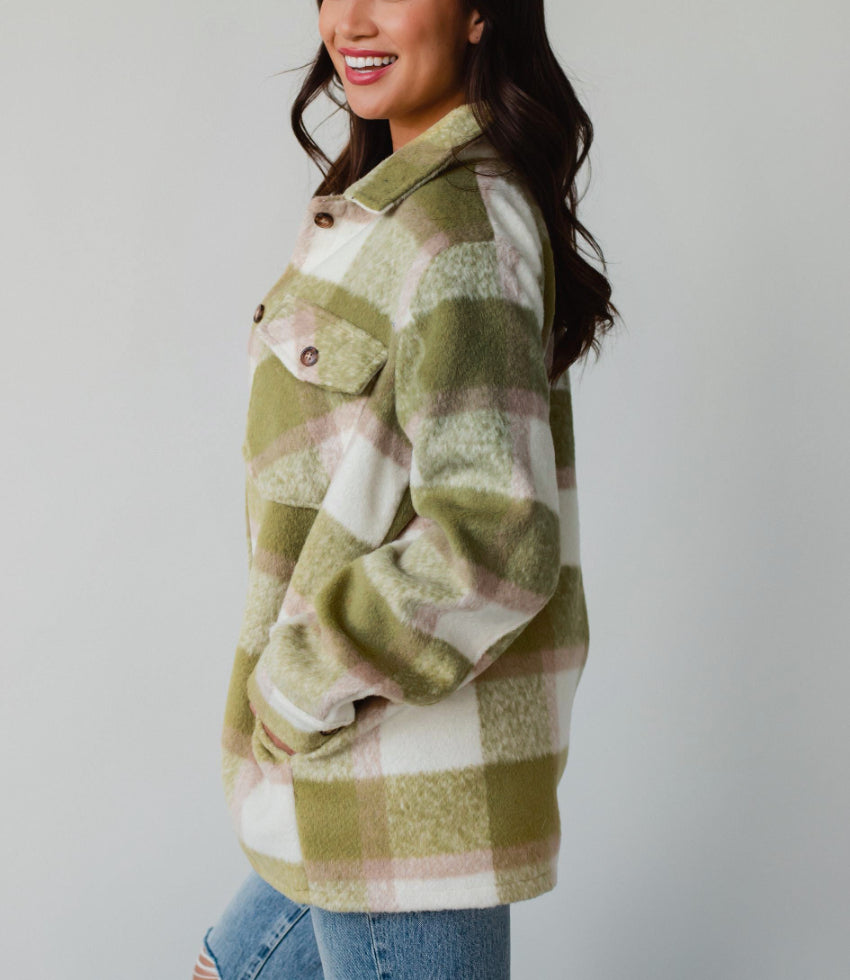Pocketed Plaid Collared Neck Shacket-Angel Casuals