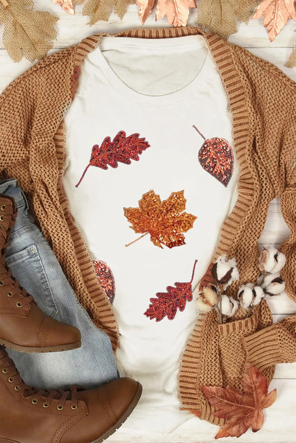 Maple Leaf Round Neck Short Sleeve T-Shirt-Angel Casuals