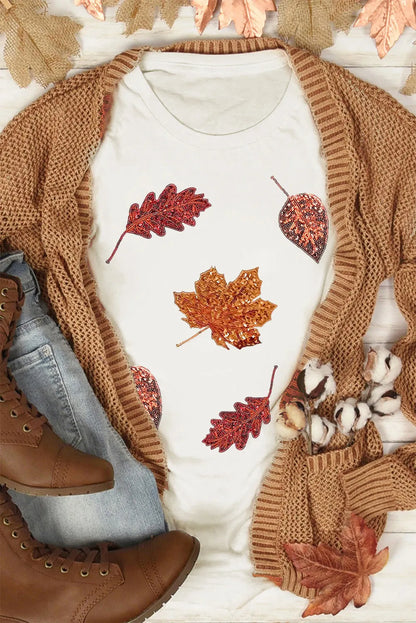 Maple Leaf Round Neck Short Sleeve T-Shirt-Angel Casuals