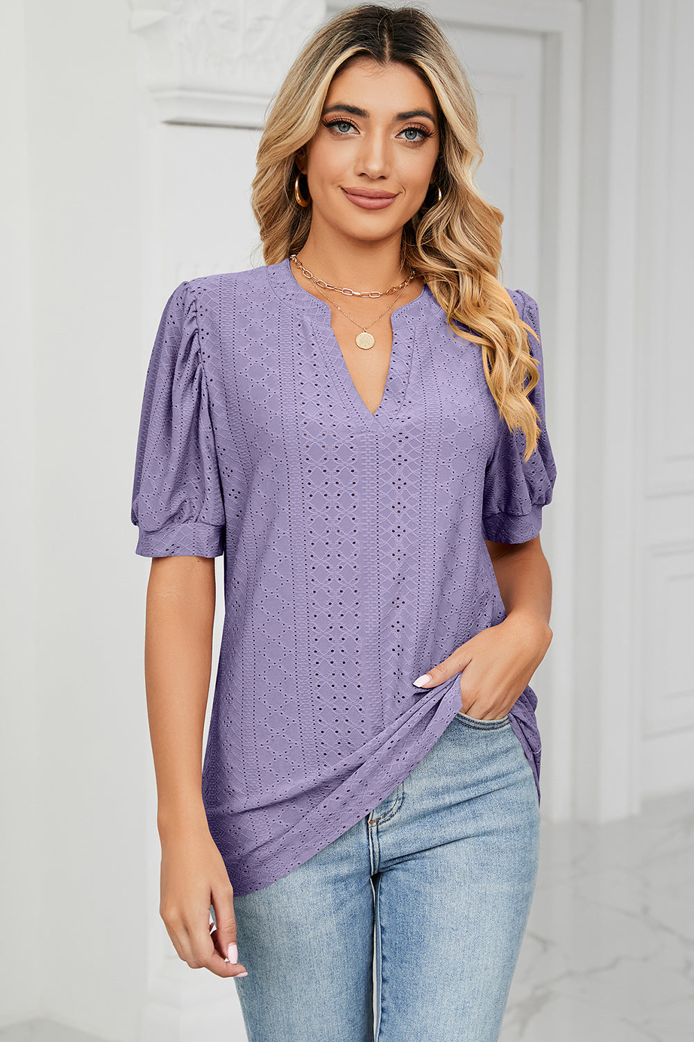 Eyelet Notched Short Sleeve T-Shirt-Angel Casuals
