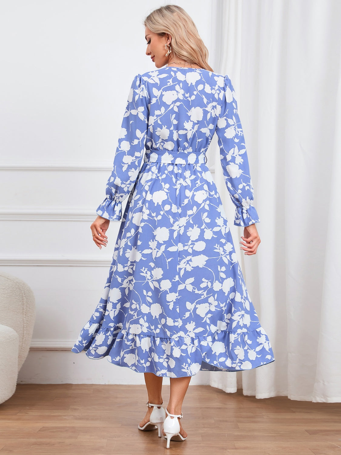 Floral Surplice Flounce Sleeve Ruffle Hem Dress-Angel Casuals