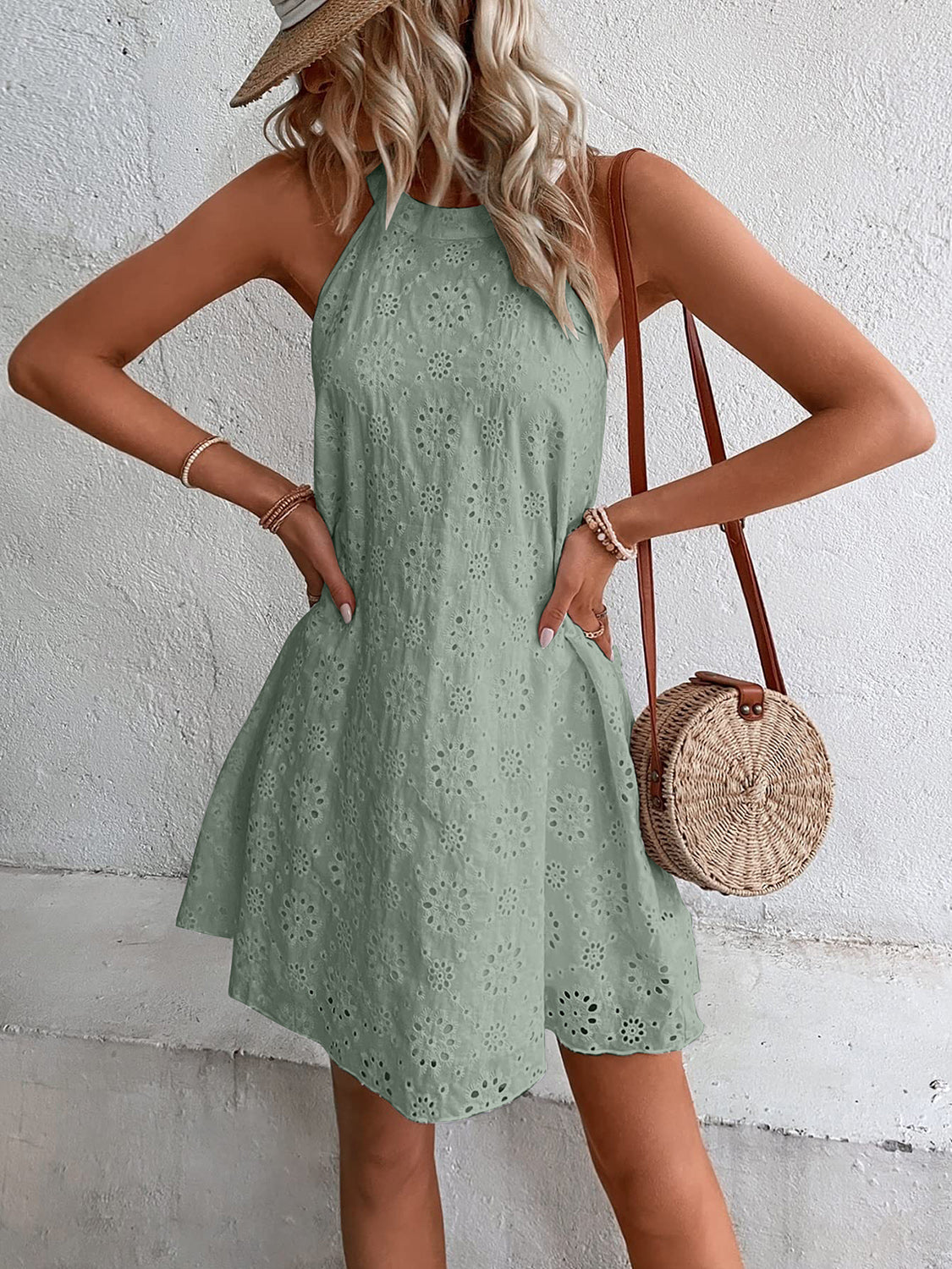 Eyelet Grecian Neck Mini Dress-Angel Casuals