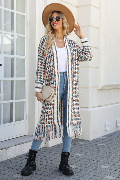 Multicolored Open Front Fringe Hem Cardigan-Angel Casuals