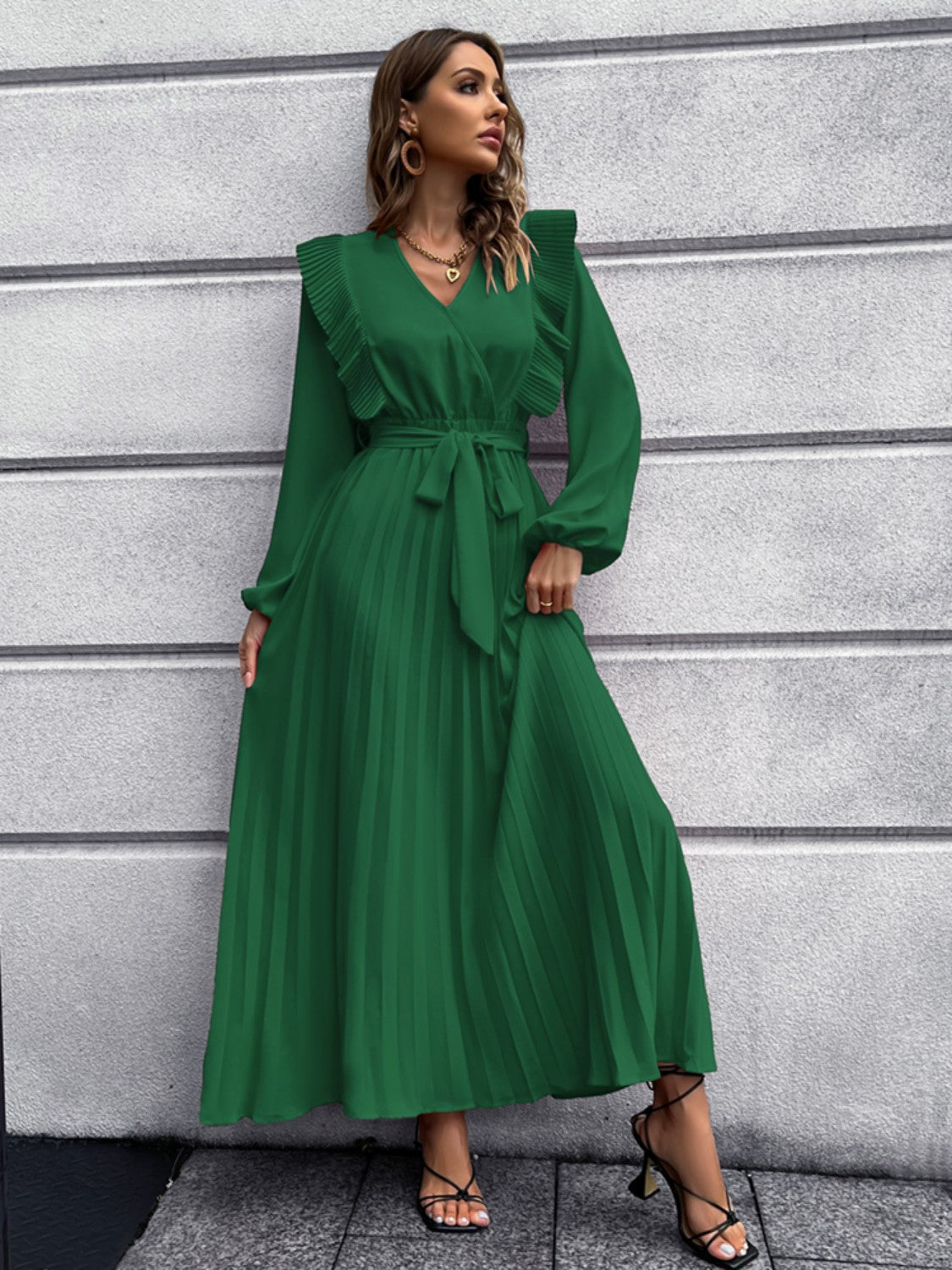 Pleated Surplice Tie Waist Maxi Dress-Angel Casuals