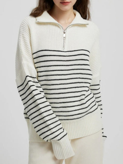 Striped Half Zip Long Sleeve Sweater-Angel Casuals