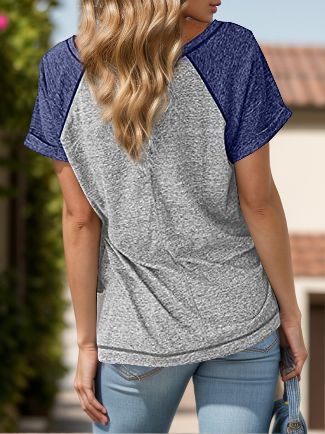 Contrast Notched Short Sleeve T-Shirt-Angel Casuals