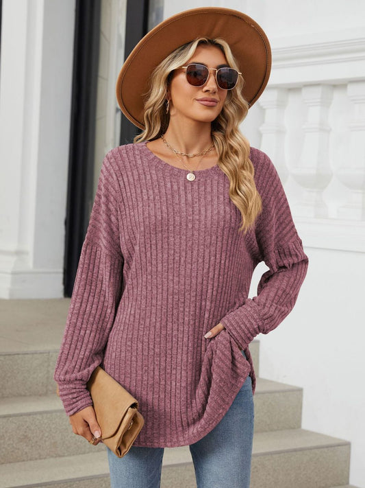 Ribbed Round Neck Long Sleeve T-Shirt-Angel Casuals