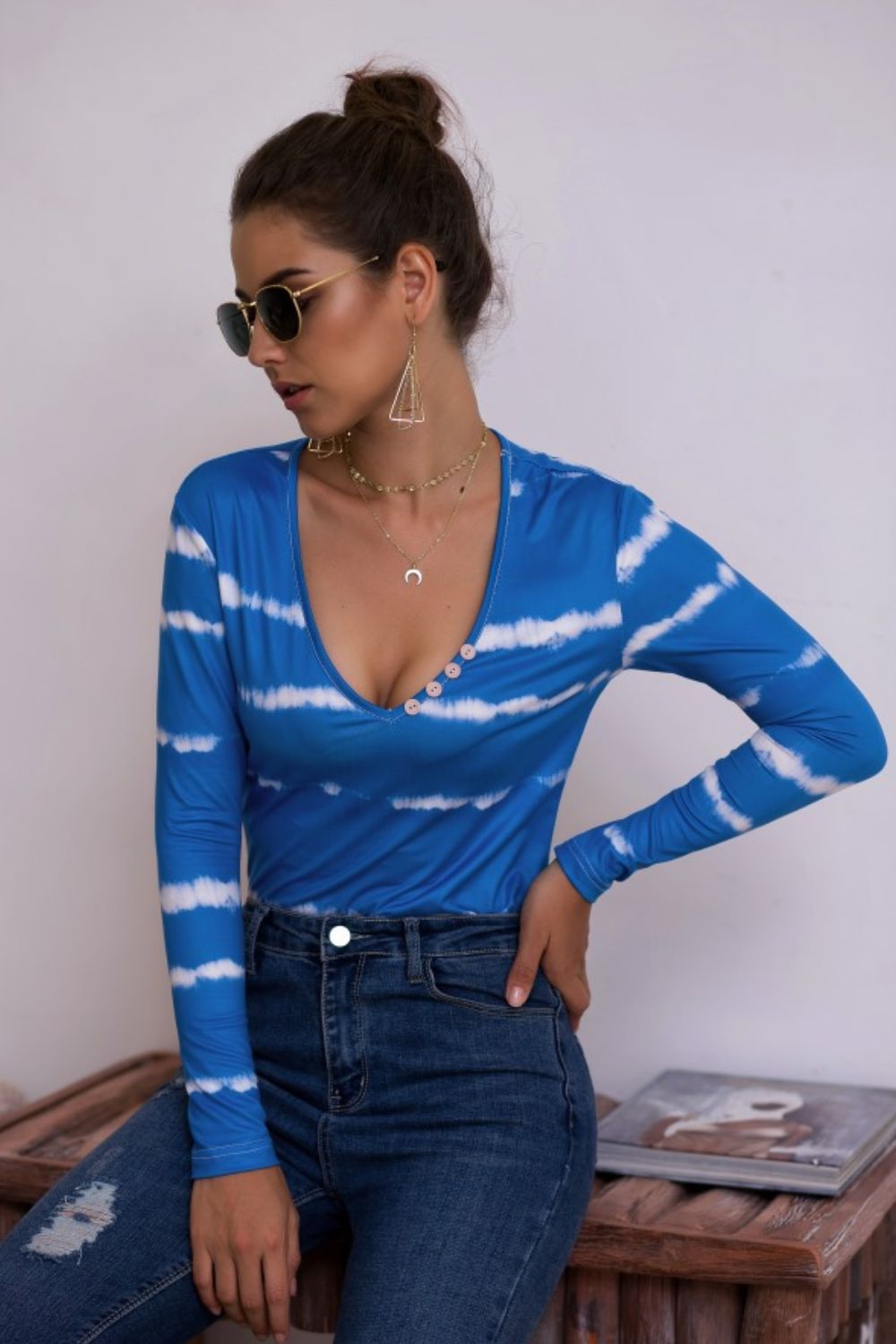 Tie-Dye Plunge Long Sleeve Top-Angel Casuals