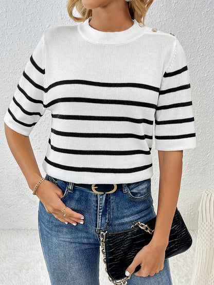 Striped Round Neck Half Sleeve Knit Top-Angel Casuals