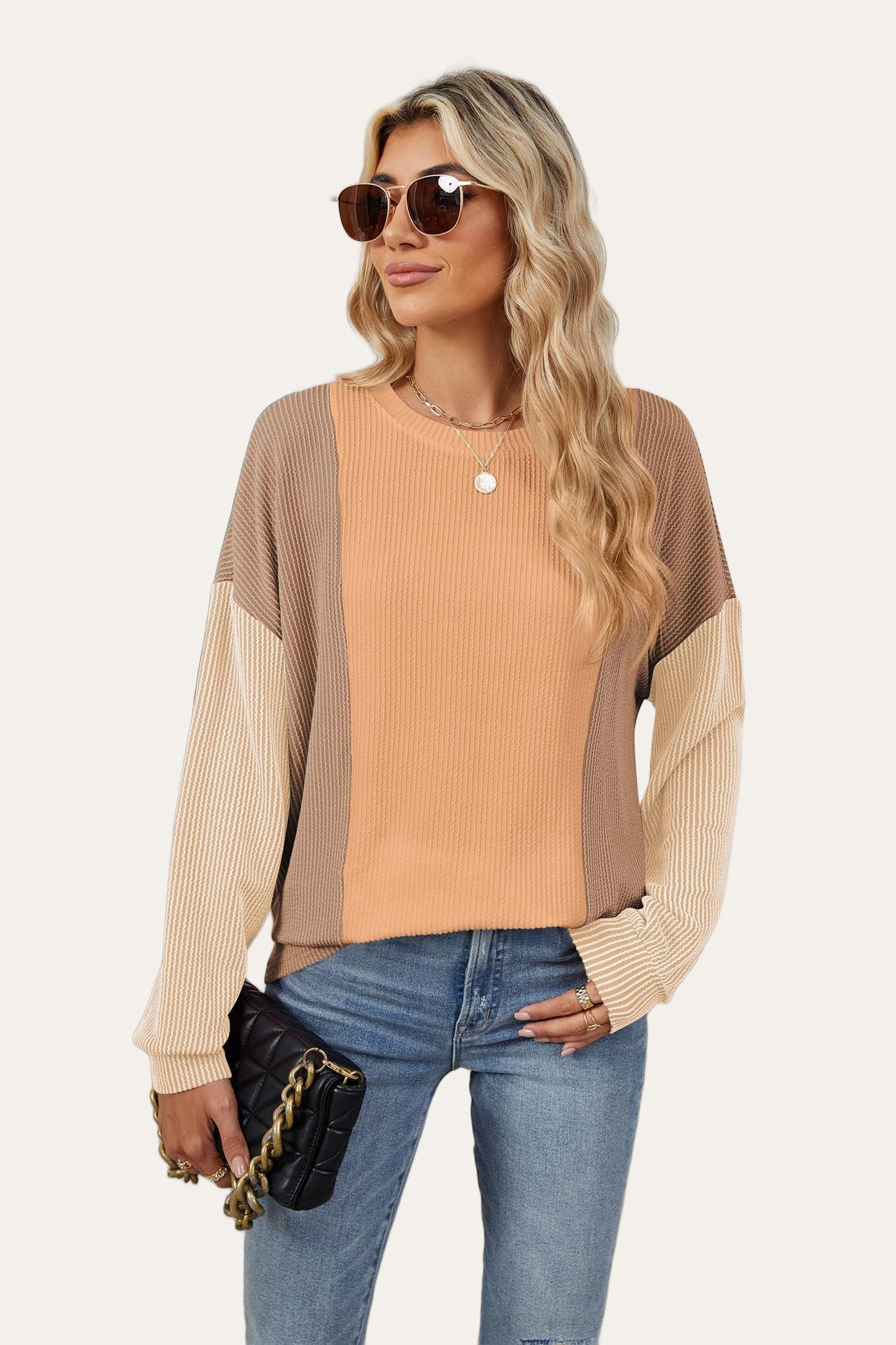 Double Take Texture Contrast Round Neck Long Sleeve T-Shirt-Angel Casuals