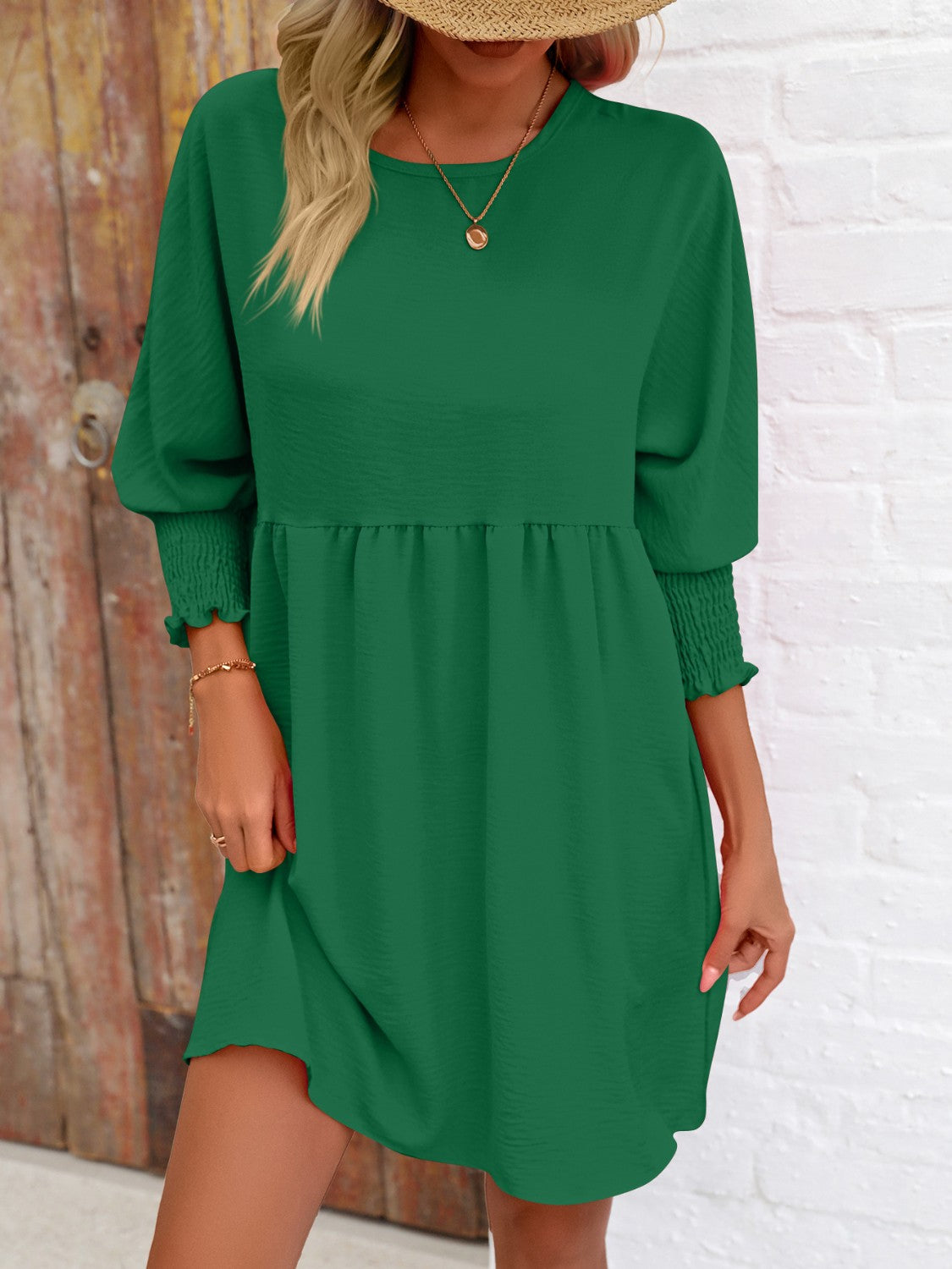 Round Neck Lantern Sleeve Mini Dress-Angel Casuals