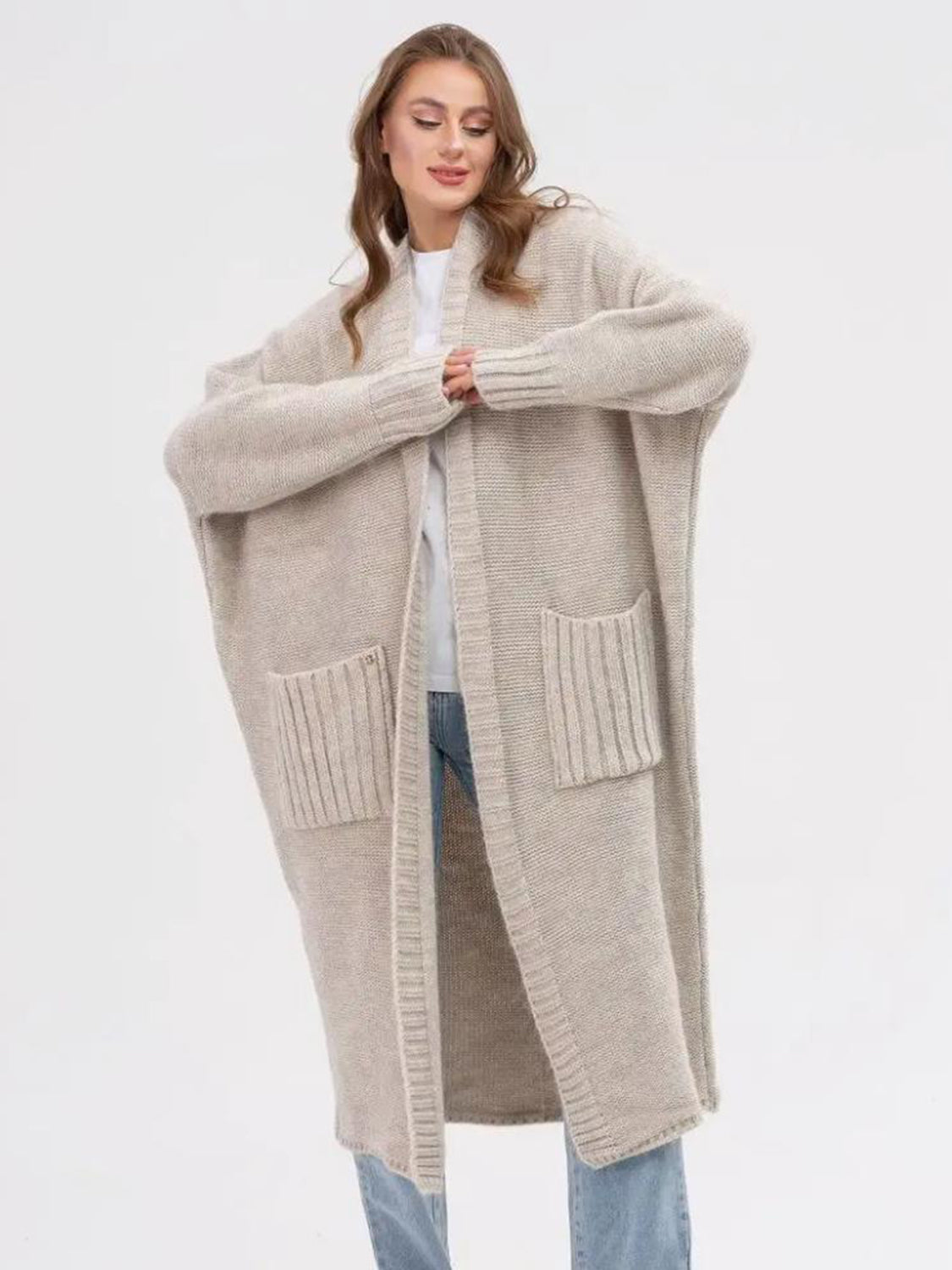 Pocketed Open Front Long Sleeve Longline Cardigan-Angel Casuals
