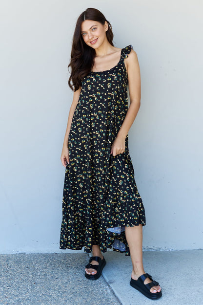 Doublju In The Garden Ruffle Floral Maxi Dress in Black Yellow Floral-Angel Casuals