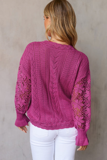 Openwork Lantern Sleeve Dropped Shoulder Sweater-Angel Casuals