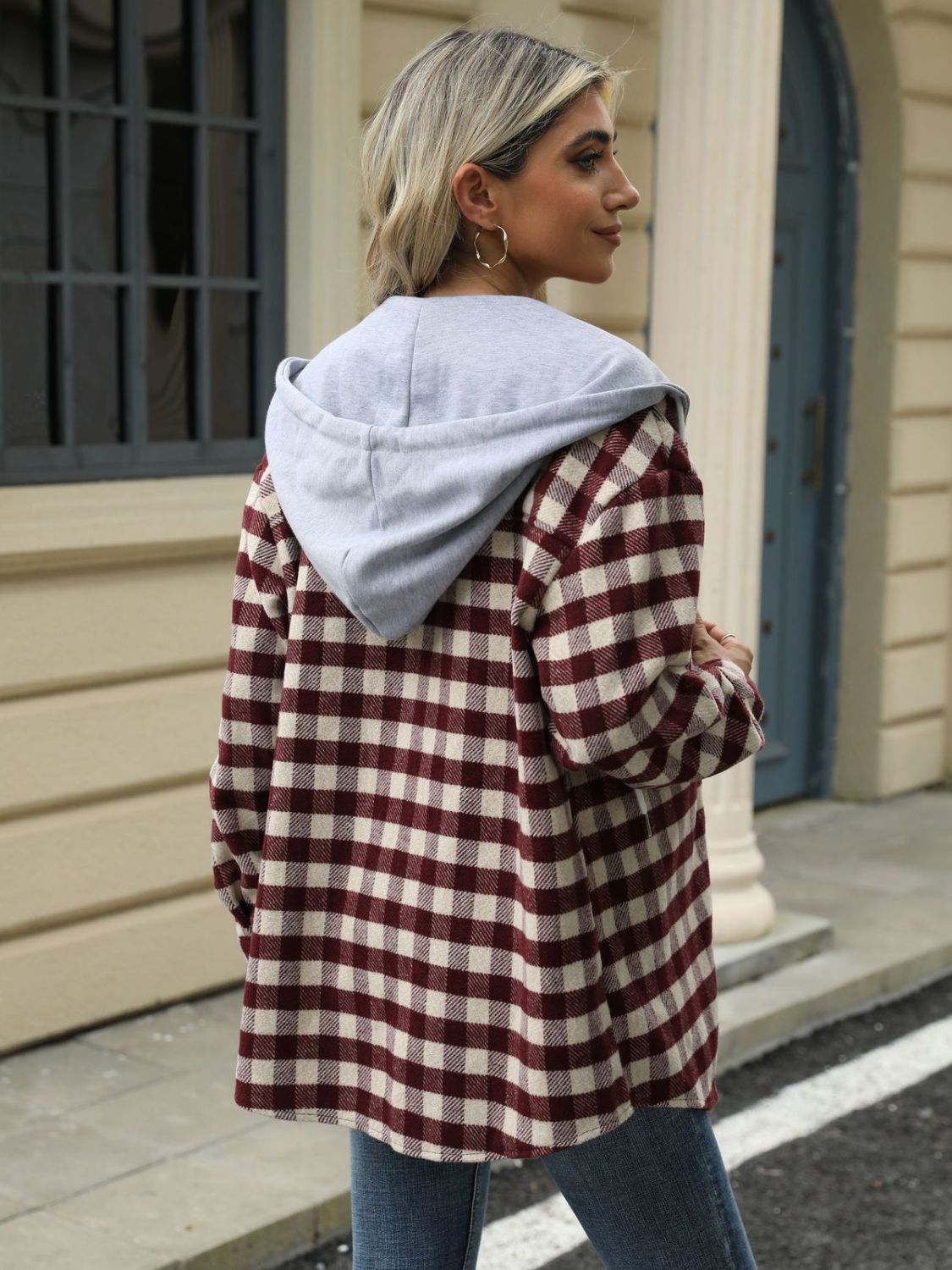 Drawstring Plaid Long Sleeve Hooded Jacket-Angel Casuals