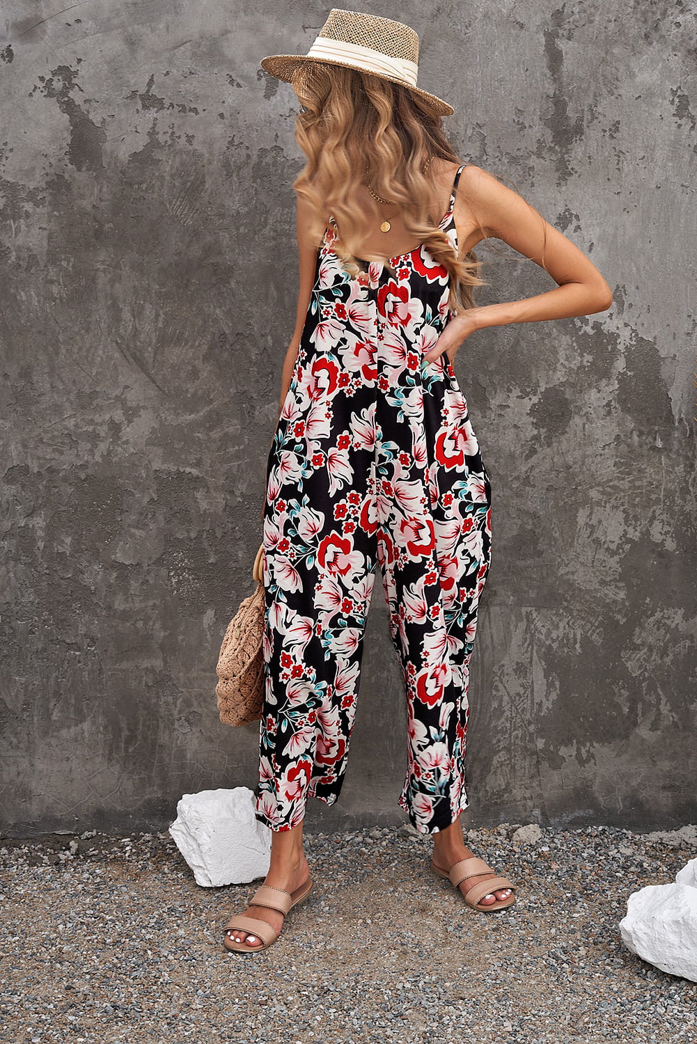 Botanical Print Spaghetti Strap Cropped Jumpsuit-Angel Casuals