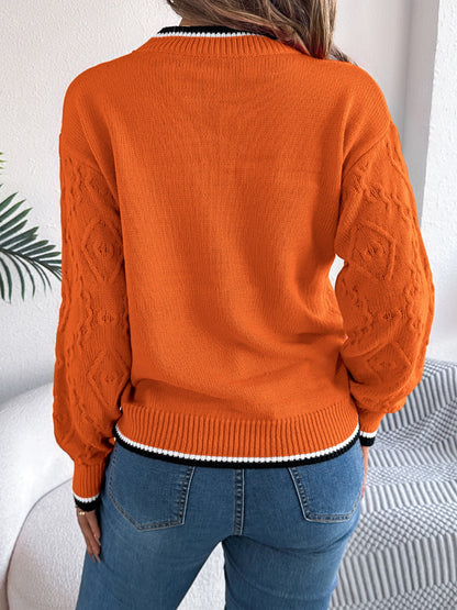 Contrast Trim Round Neck Long Sleeve Sweater-Angel Casuals