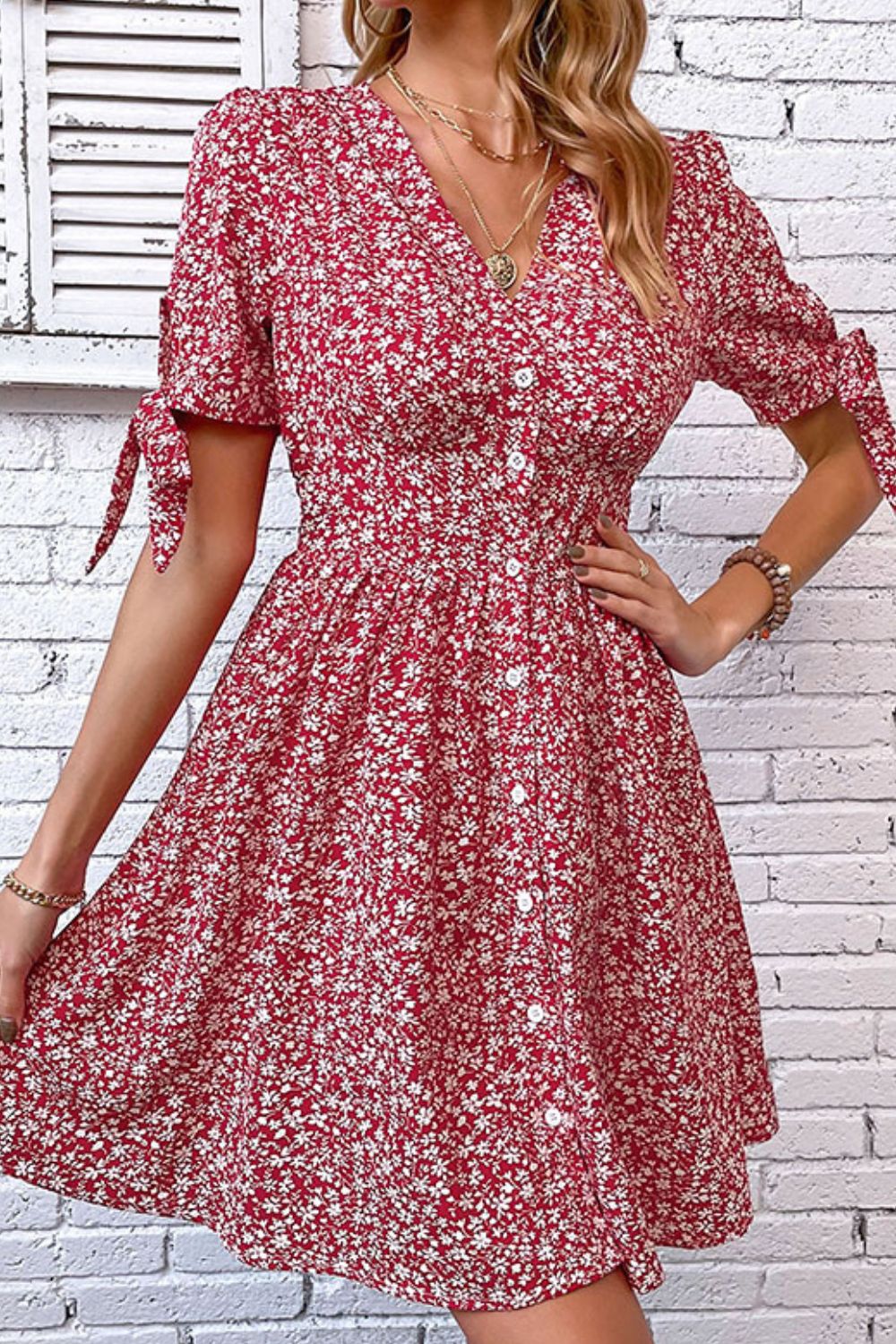 Ditsy Floral Tied Puff Sleeve Button Front Dress-Angel Casuals