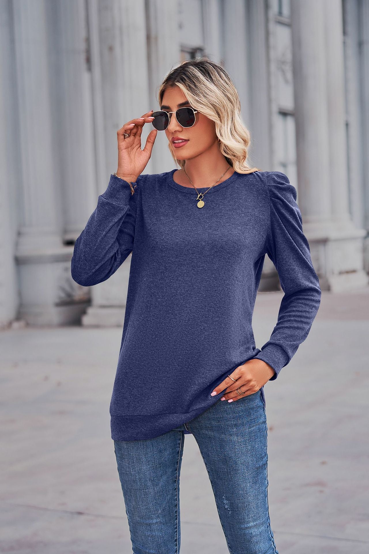 Heathered Puff Sleeve Round Neck Tunic Top-Angel Casuals