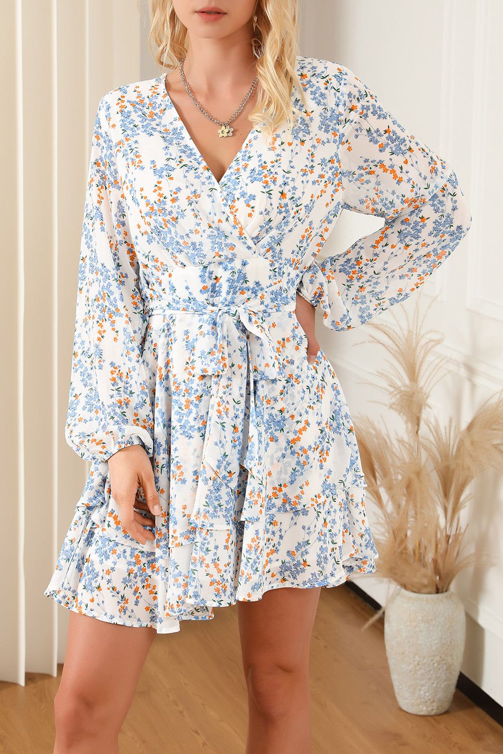 Printed Surplice Balloon Sleeve Mini Dress-Angel Casuals