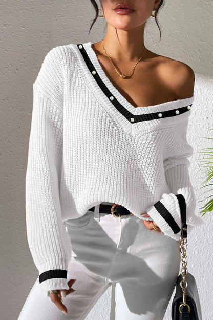 Contrast Trim V-Neck Long Sleeve Sweater-Angel Casuals