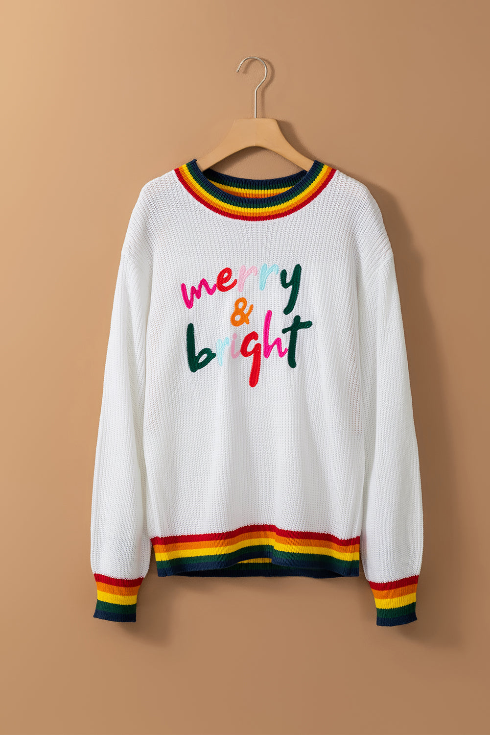 MERRY & BRIGHT Ribbed Round Neck Sweater-Angel Casuals