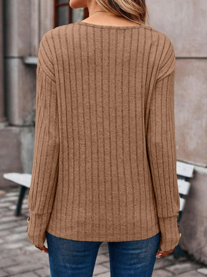 Ribbed V-Neck Long Sleeve T-Shirt-Angel Casuals