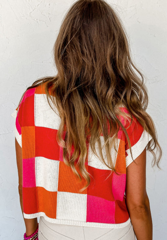Contrast Plaid Round Neck Cap Sleeve Sweater-Angel Casuals
