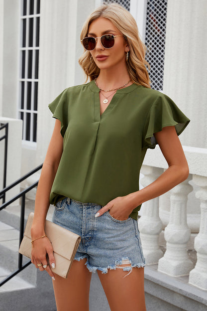 Notched Cap Sleeve T-Shirt-Angel Casuals