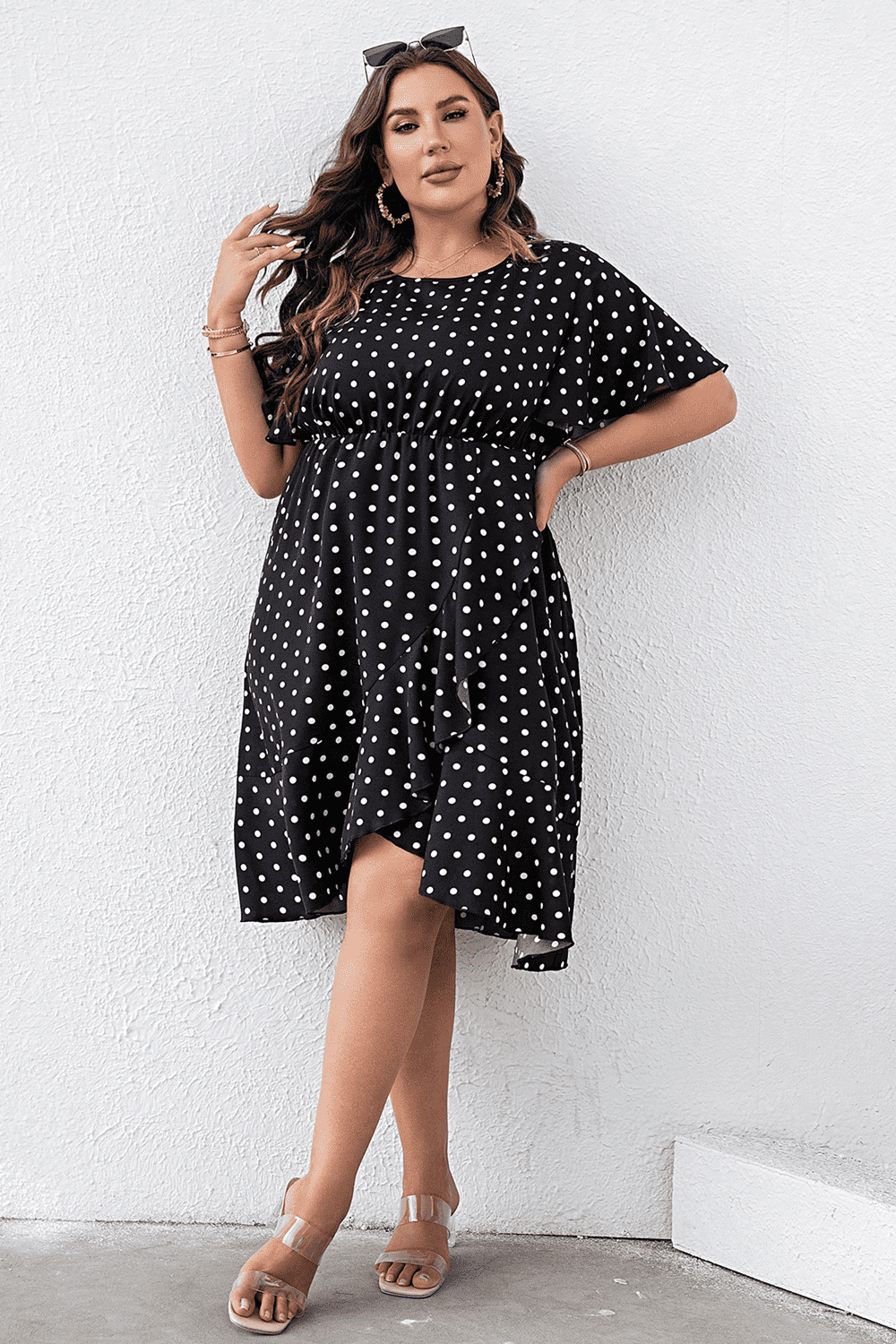 Plus Size Polka Dot Flutter Sleeve Dress-Angel Casuals