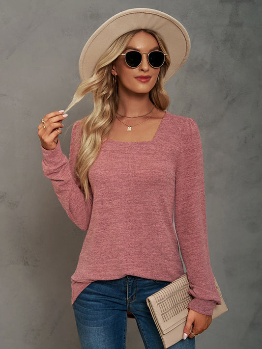 Heathered Square Neck Long Sleeve T-Shirt-Angel Casuals