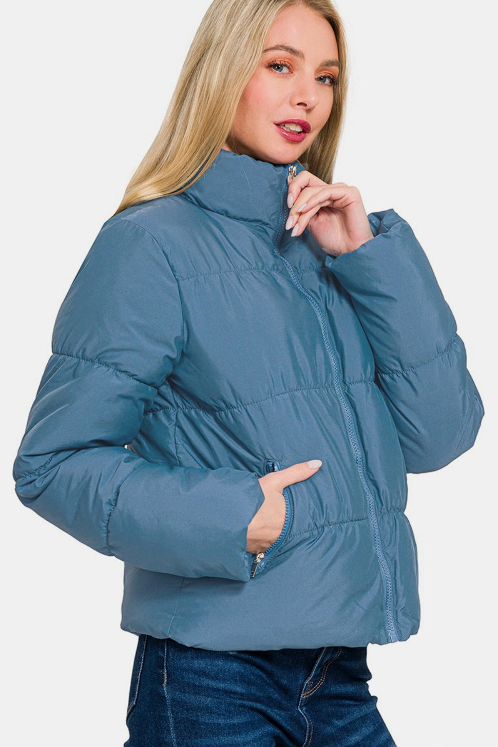 Zenana Zip Up Turtleneck Puffer Jacket with Pockets-Angel Casuals