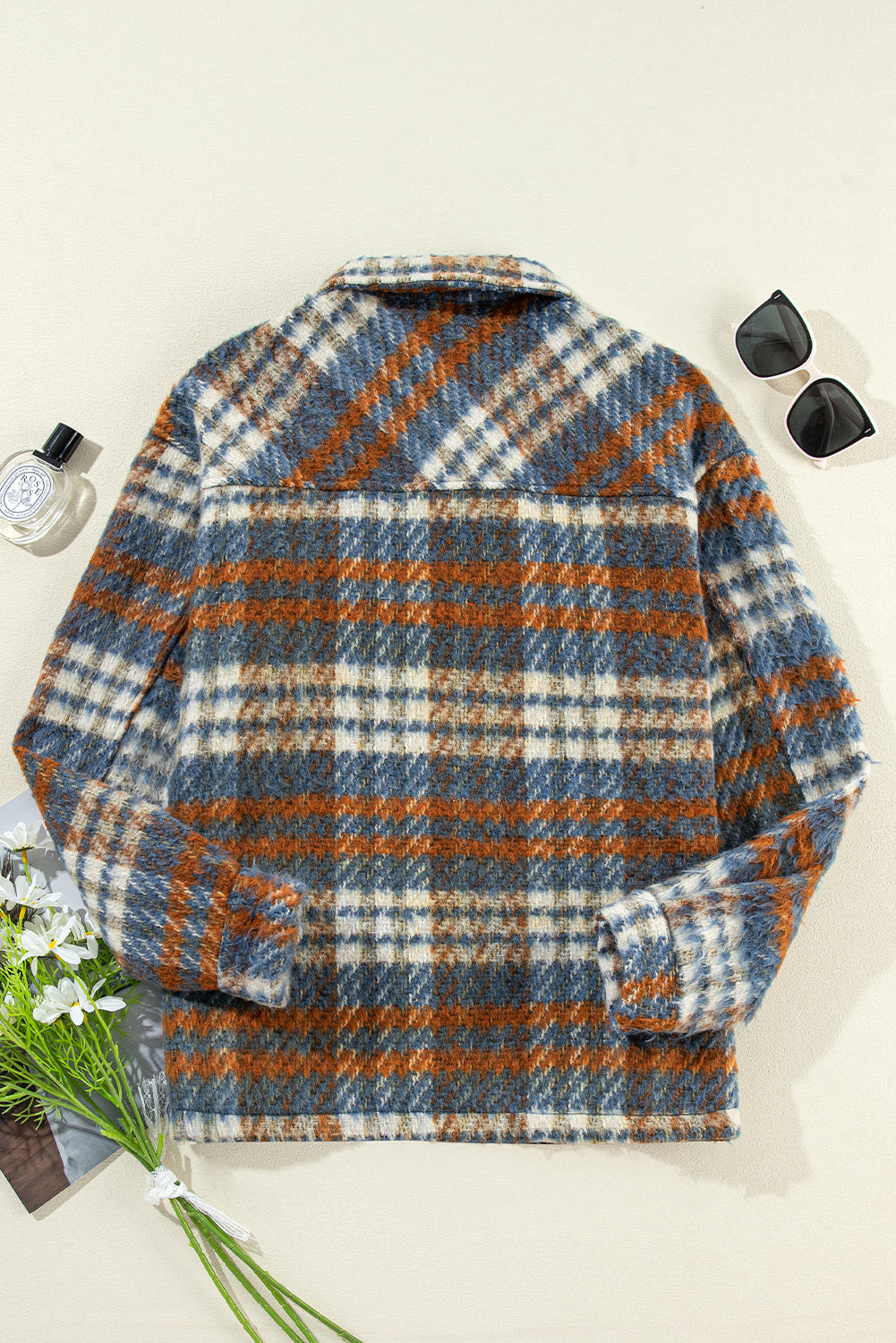 Plaid Collared Neck Jacket with Chest Pockets-Angel Casuals