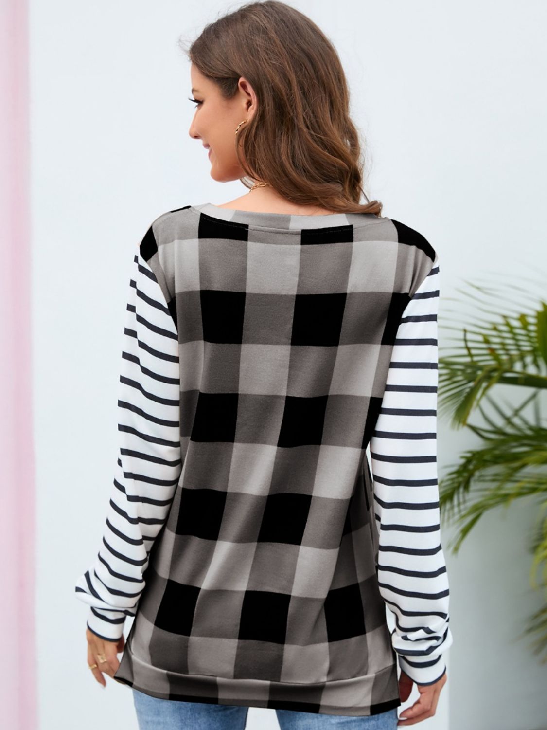 Plaid Striped Round Neck Long Sleeve T-Shirt-Angel Casuals