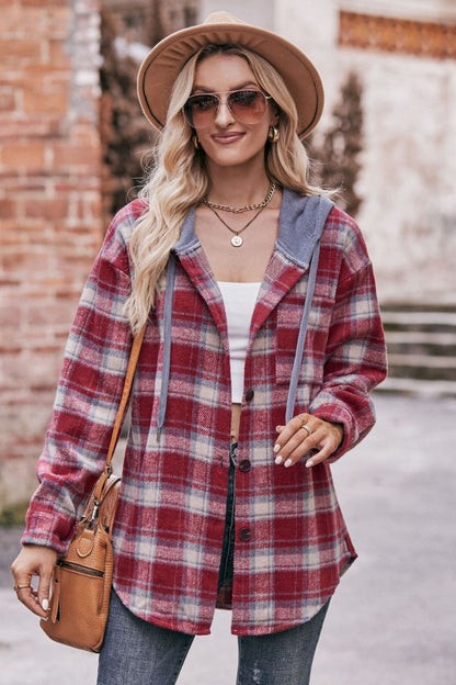 Plaid Dropped Shoulder Hooded Longline Jacket-Angel Casuals