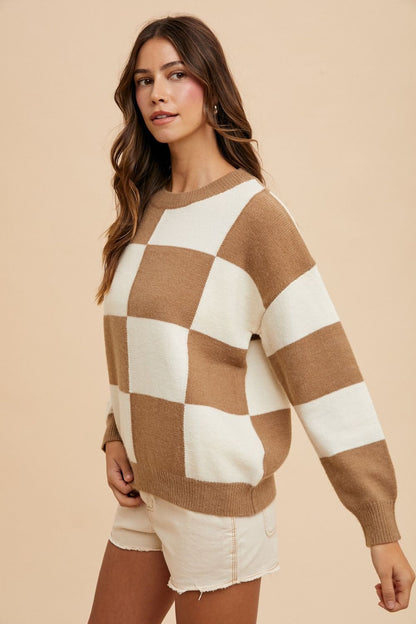 Annie Wear Checkered Round Neck Dropped Shoulder Sweater-Angel Casuals