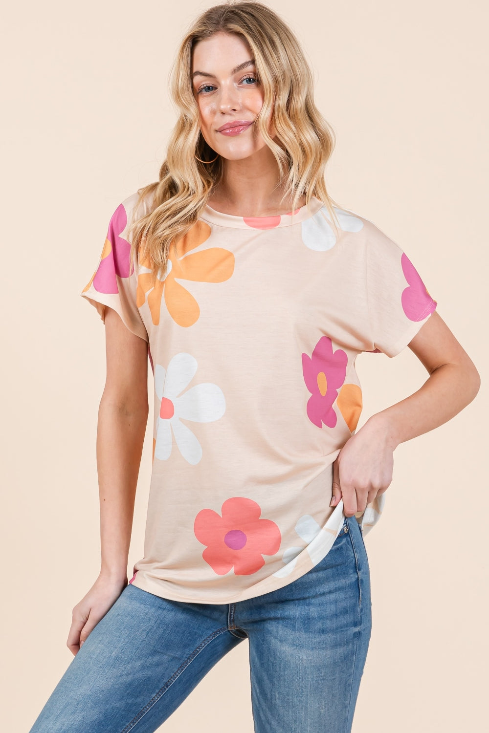 BOMBOM Floral Short Sleeve T-Shirt-Angel Casuals