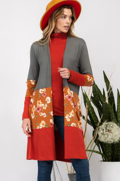 Celeste Full Size Floral Color Block Open Front Cardigan-Angel Casuals