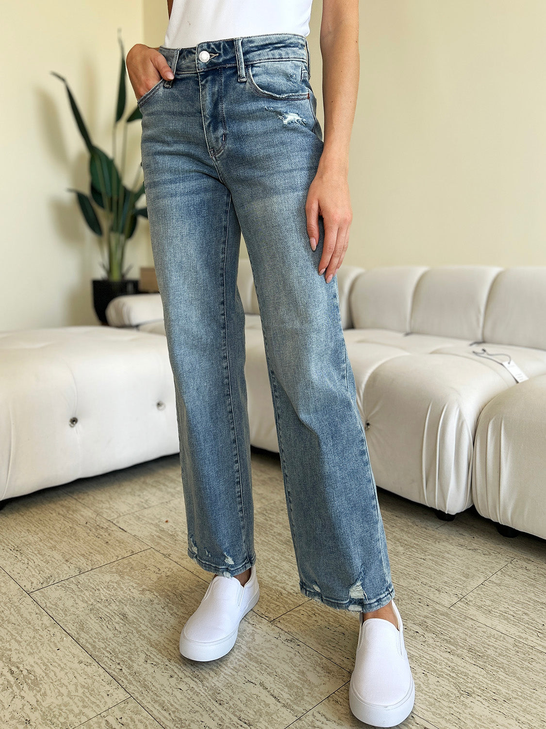 Judy Blue Full Size Mid Rise Distressed Straight Jeans-Angel Casuals