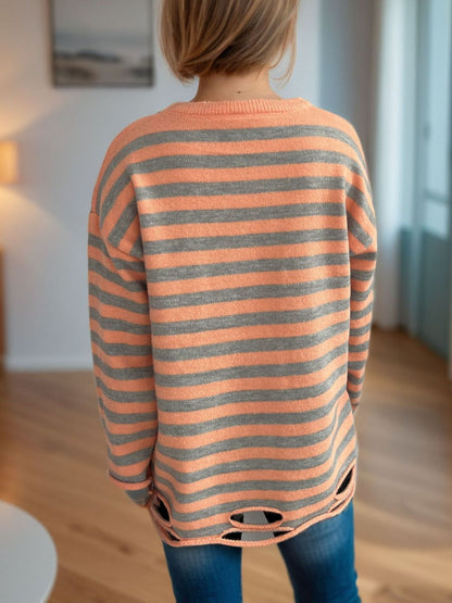 Distressed Striped Round Neck Long Sleeve Sweater-Angel Casuals