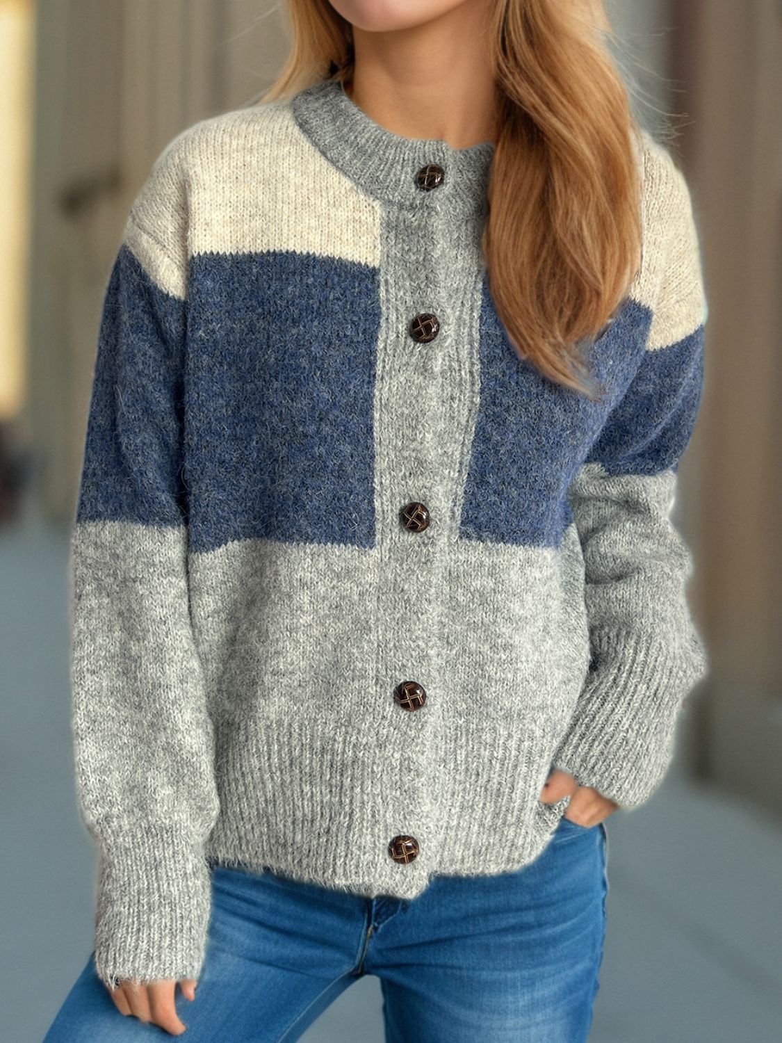 Color Block Round Neck Button Up Cardigan-Angel Casuals