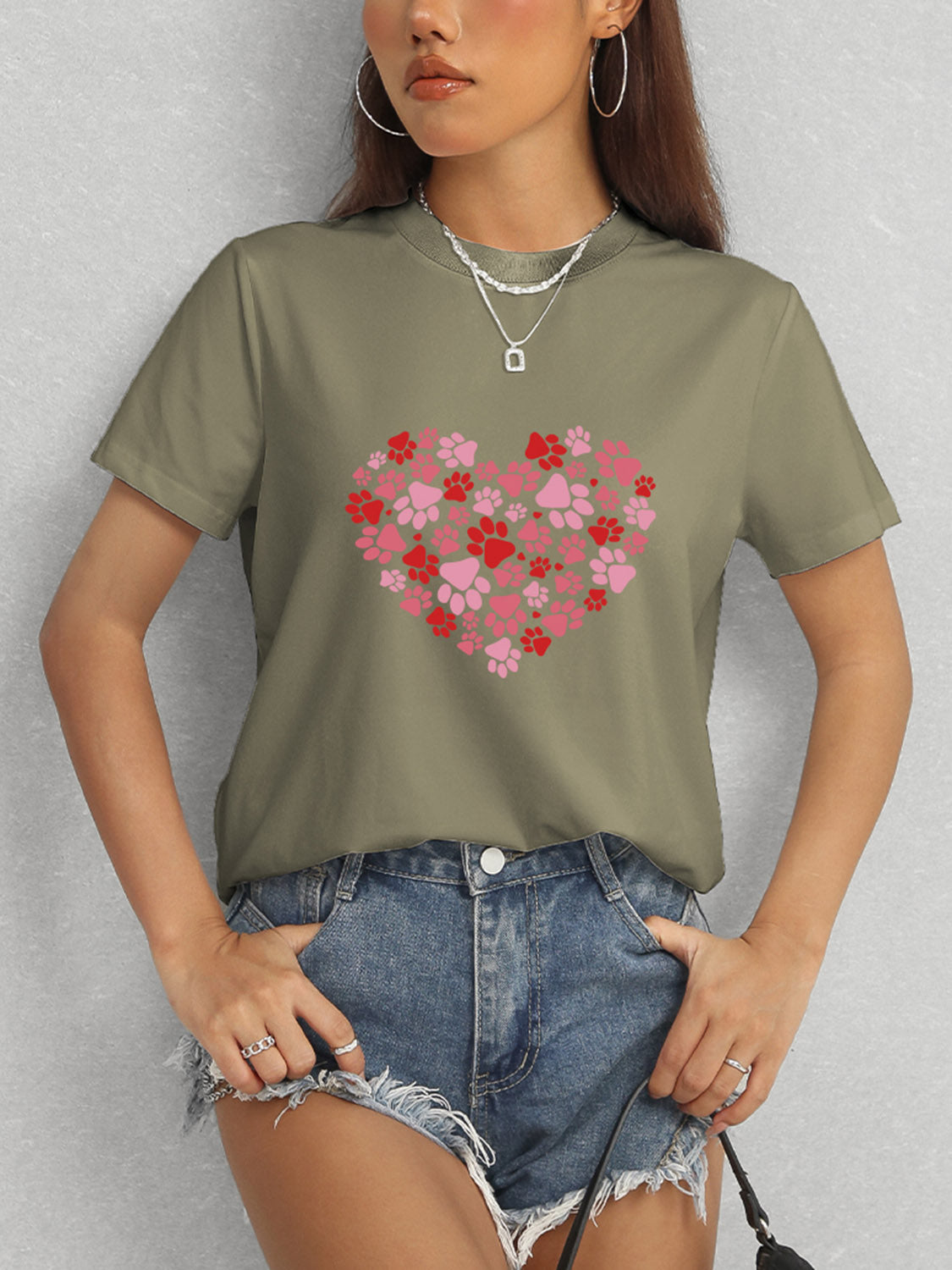 Heart Round Neck Short Sleeve T-Shirt-Angel Casuals