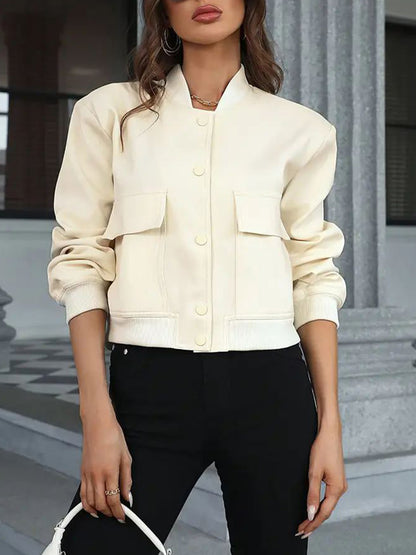 Pocketed Snap Down Baseball Collar Jacket-Angel Casuals