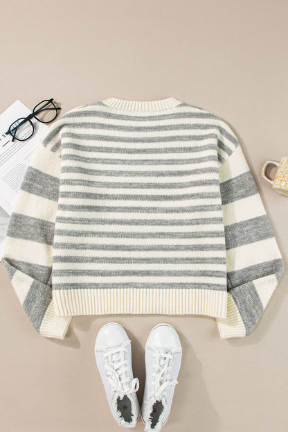 Striped Round Neck Dropped Shoulder Sweater-Angel Casuals