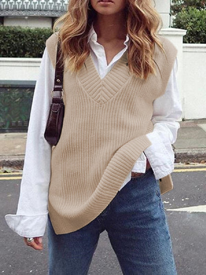 Ribbed V-Neck Sleeveless Sweater Vest-Angel Casuals