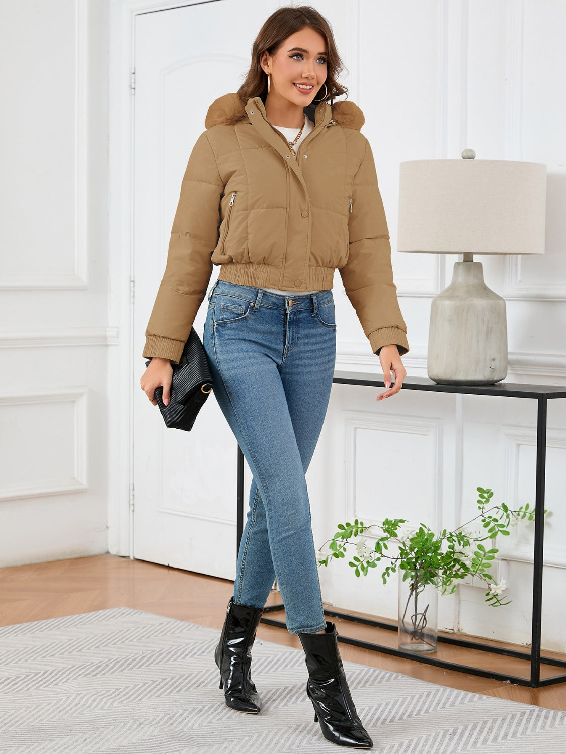 Pocketed Long Sleeve Cropped Hooded Winter Coat-Angel Casuals