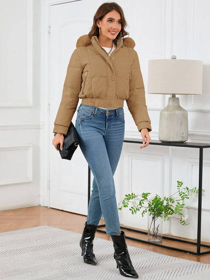Pocketed Long Sleeve Cropped Hooded Winter Coat-Angel Casuals