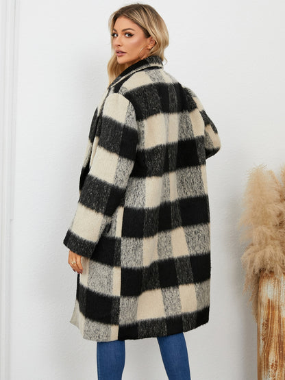 Plaid Double-Breasted Long Sleeve Coat-Angel Casuals