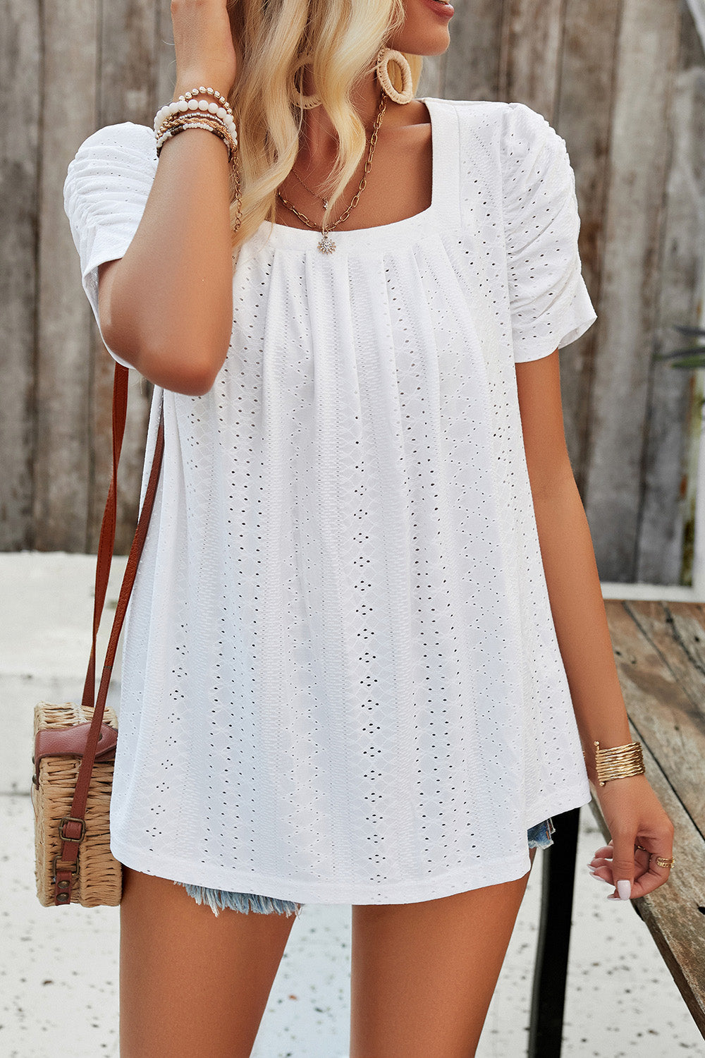 Eyelet Square Neck Puff Sleeve T-Shirt-Angel Casuals